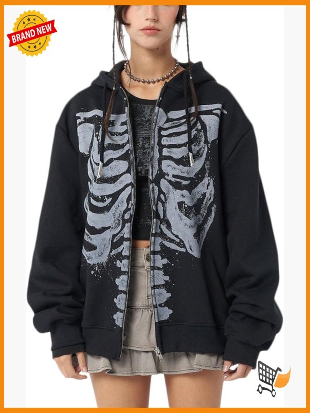 Y2K Skeleton Zip Up Hoodie Oversized Gothic Sweatshirt